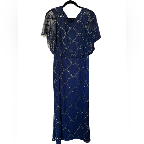 Adrianna Papell HAND-BEADED BLOUSON LONG GOWN WITH FLUTTER SLEEVES IN LIGHT NAVY - Picture 2 of 16